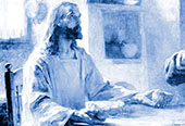 Christ sitting at a table, breaking bread.